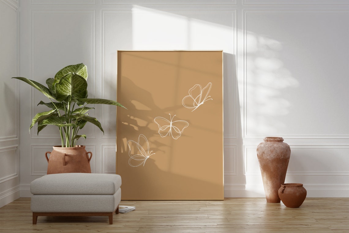 White Butterfly Line Art Trio Tan Minimalist Nursery Print Decor