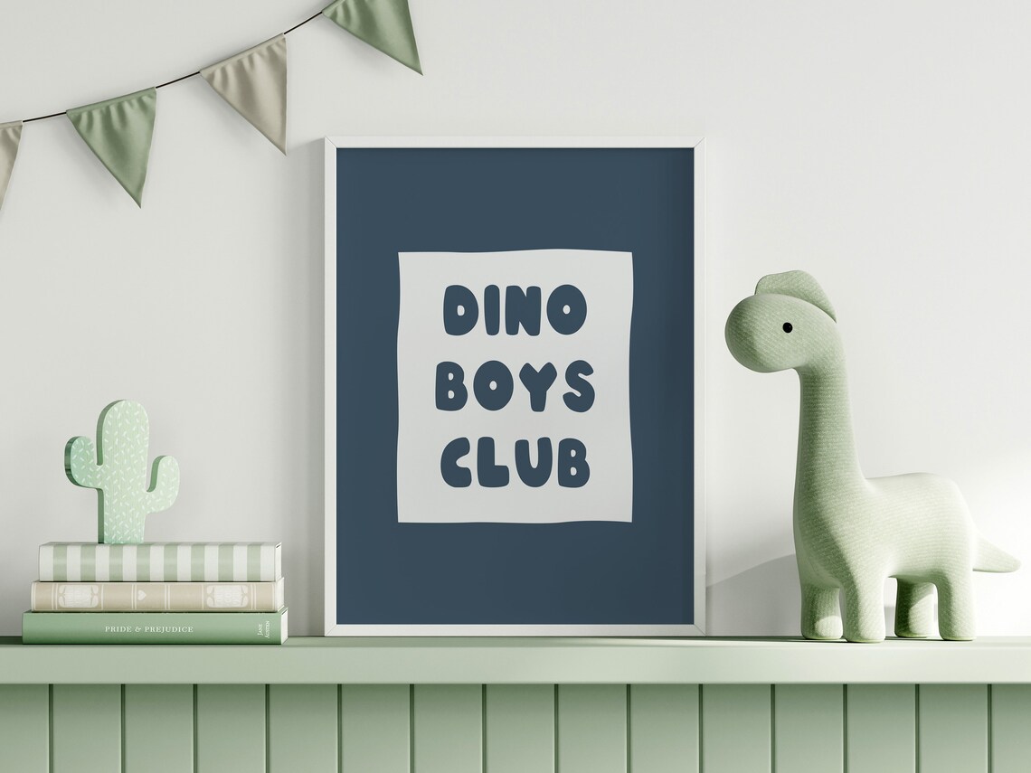 Dino Boys Club Navy Blue Nursery Playroom Kids Room Decor Poster - Image 3