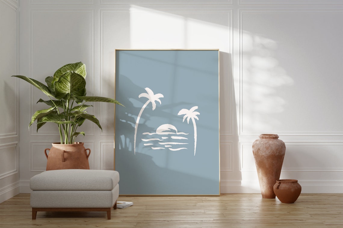 Dusty Blue Palm Tree Sunset Poster Beachy Boys Nursery Coastal Art - Image 4