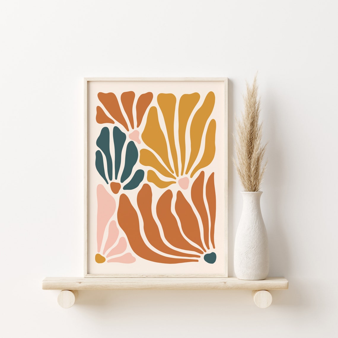 Colorful Abstract Botanical Rust Teal Boho Floral Living Room Poster