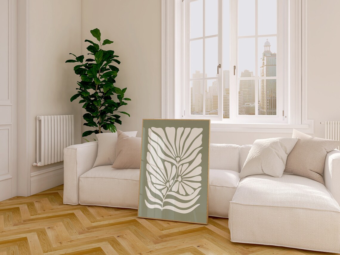 Sage Green Botanical Abstract Flower Print, Japandi - Image 4