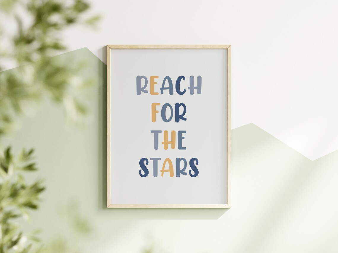 Reach For The Stars Kids Quote Blue Nursery Motivational Poster - Image 3