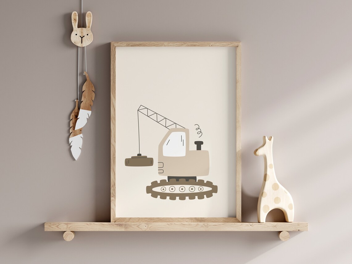 Beige Crane Truck Nursery Kids Construction Vehicle Art Poster - Image 2
