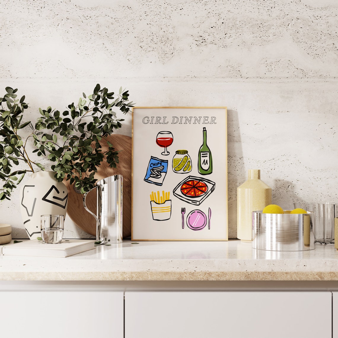 Girl Dinner Hand Drawn Snacks Funny Colorful Kitchen Wall Poster - Image 2