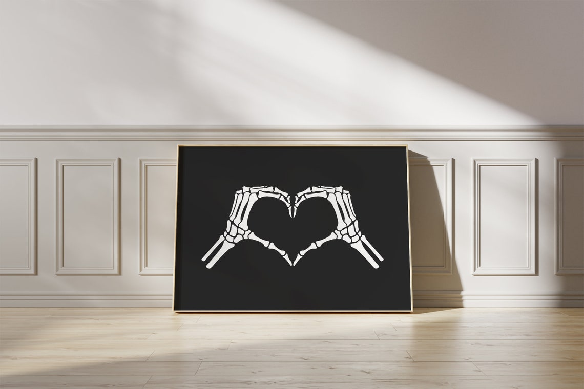 Skeleton Hands Heart White on Black Gothic Spooky Halloween Poster - Image 4