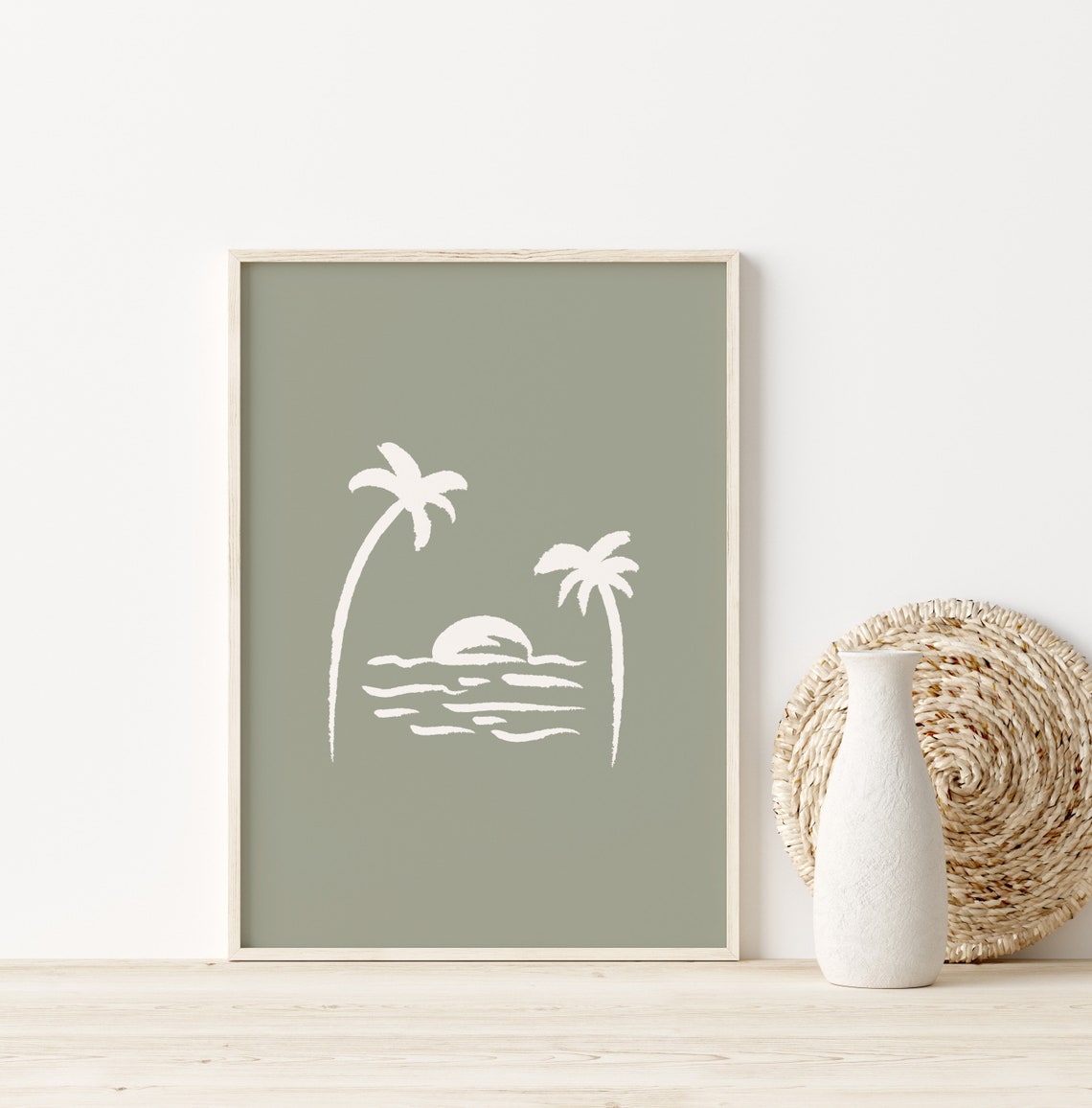 Sage Green Palm Tree Sunset Ocean Waves Minimalist Beach Poster - Image 4