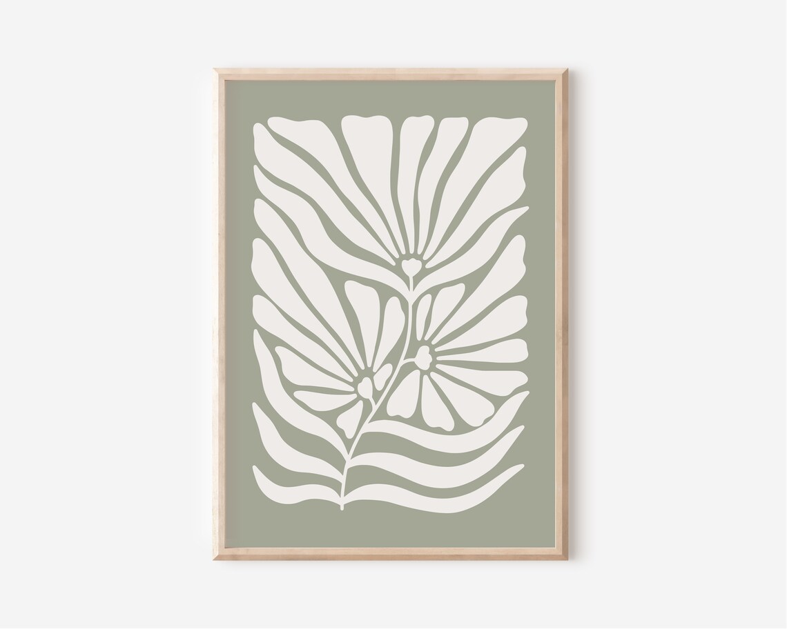 Sage Green Botanical Abstract Flower Print, Japandi - Image 3
