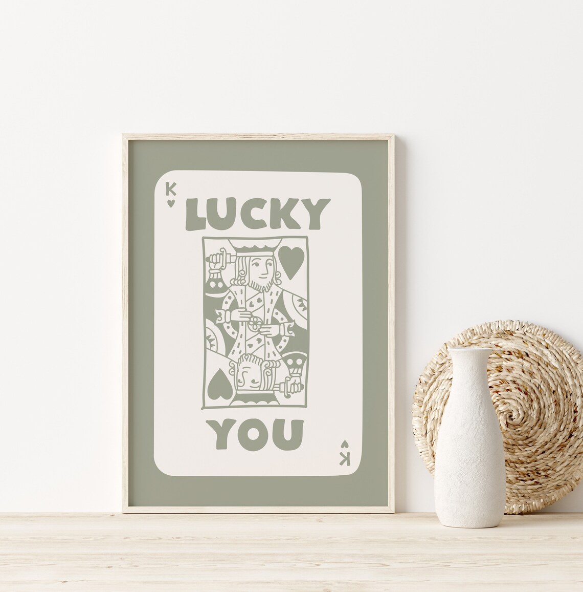 Lucky You King of Hearts Sage Green Playing Card Retro Decor Poster