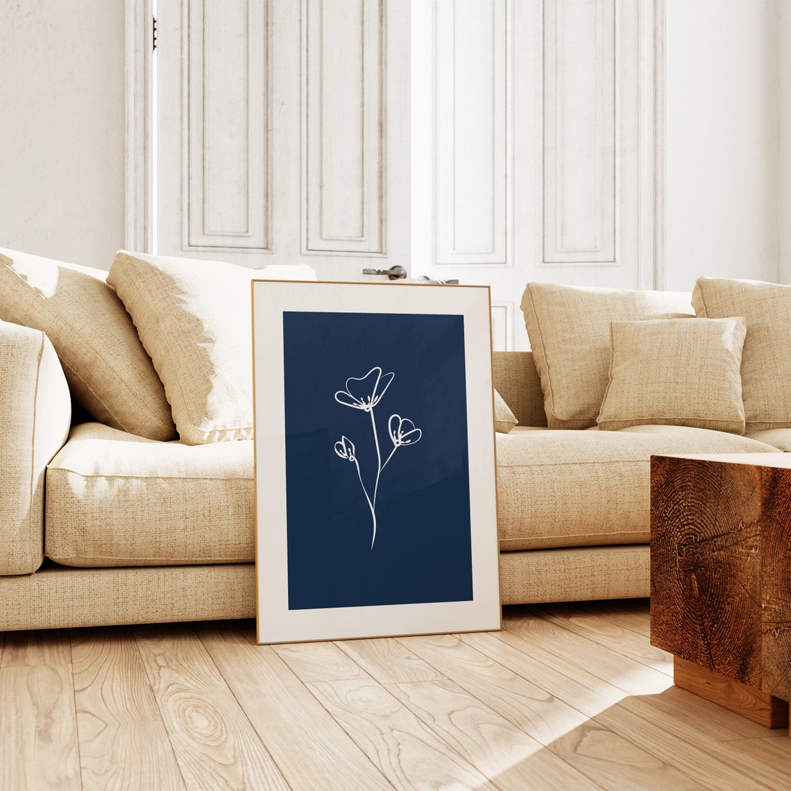 Navy Blue Botanical Poster White Three Bloom Sprig Line Art Design - Image 3