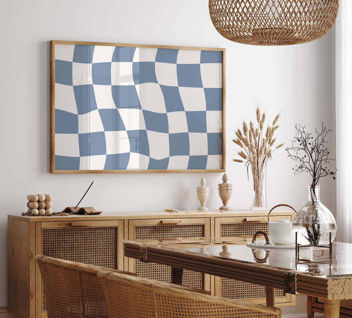 Blue Checkered Checkerboard Wall Art, Trendy Print
