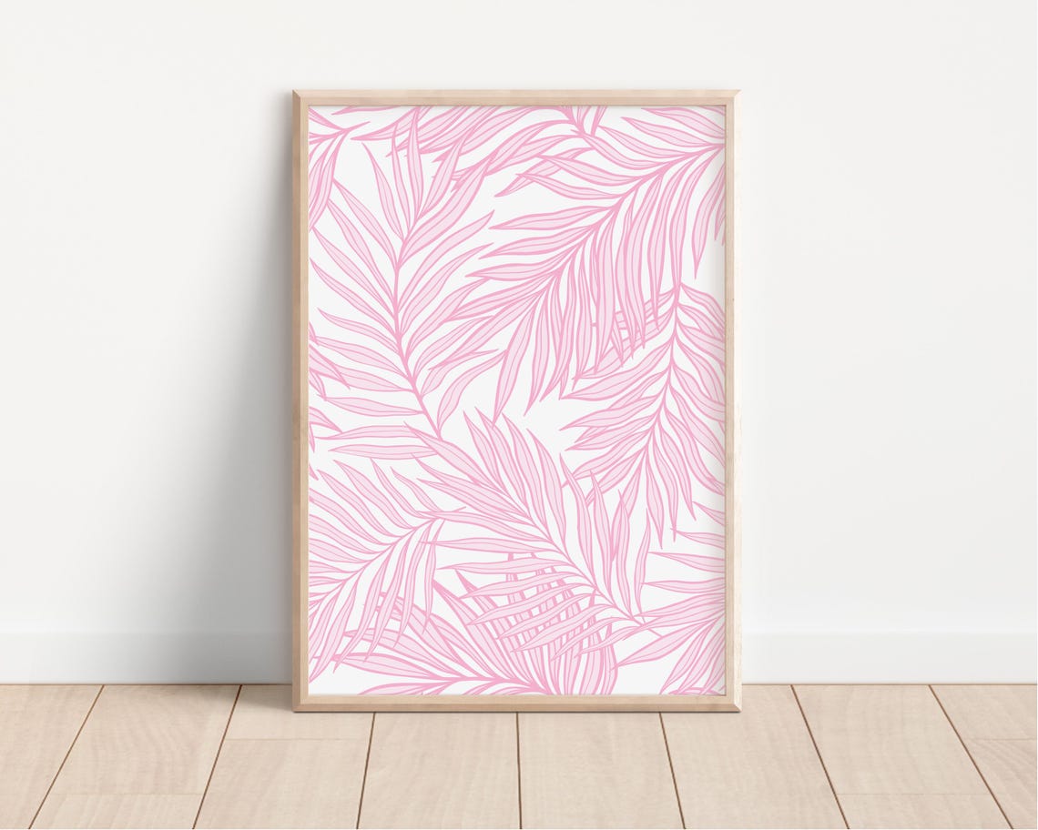 Pink Palm Leaves Tropical Line Pattern on White Background Poster - Image 3