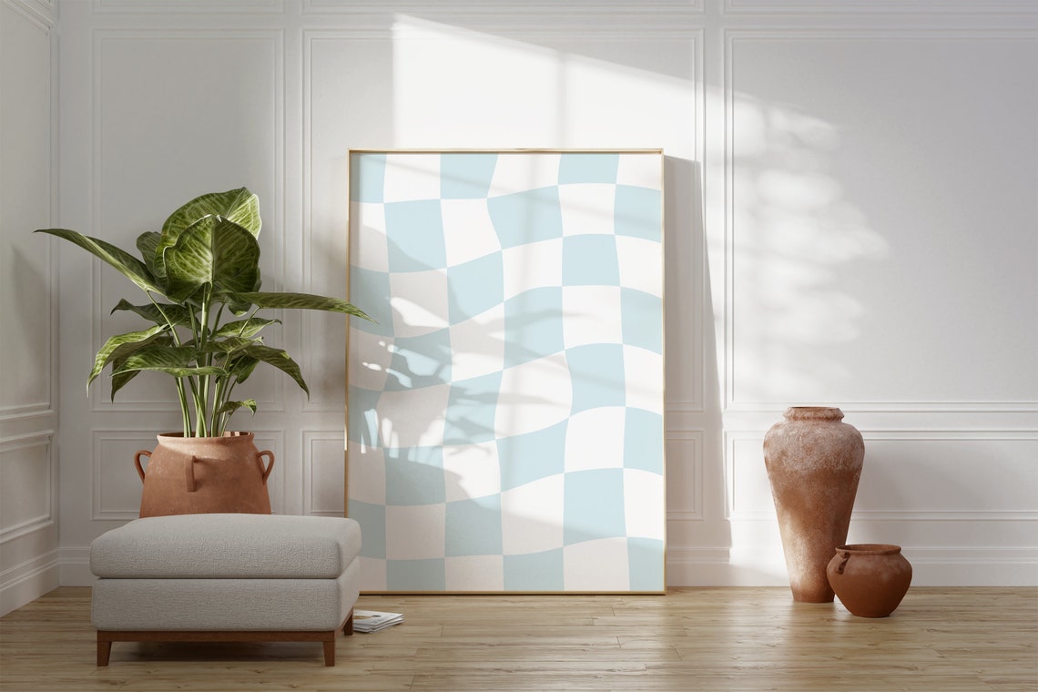 Blue Wavy Checkerboard Trendy Pastel Checkered Dorm Room Poster - Image 4