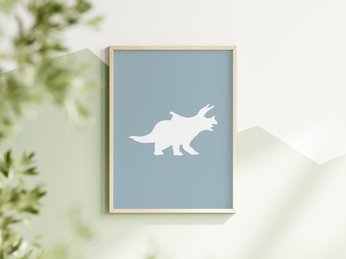 White Triceratops Dinosaur Silhouette Blue Boys Nursery Print - Image 3