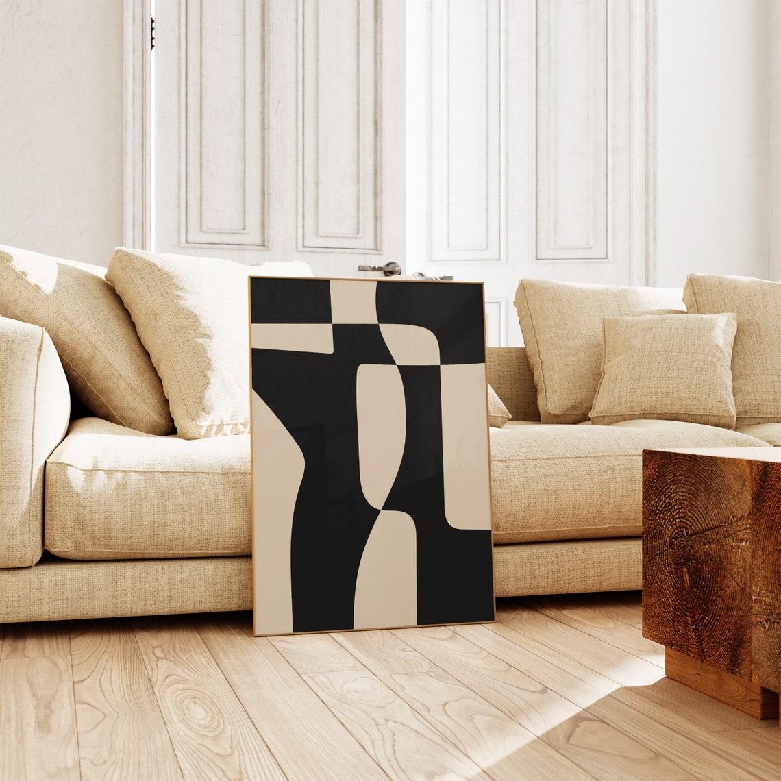 Black Beige Abstract Geometric Poster Mid Century Organic Shapes Art - Image 3