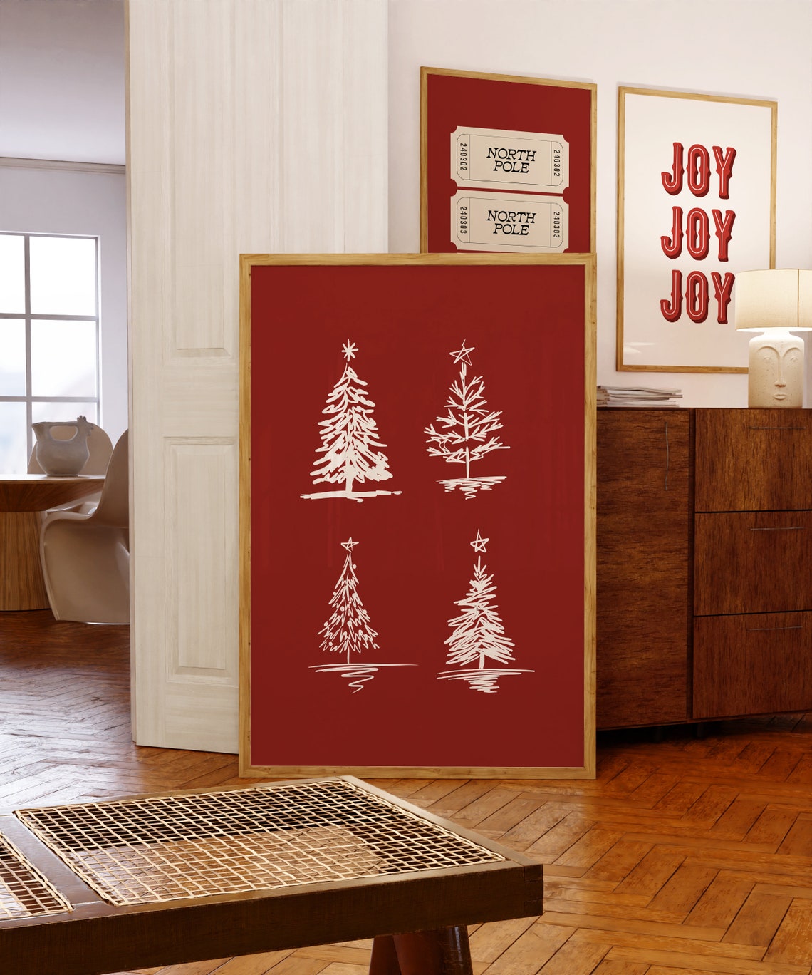 Four Christmas Trees Sketch Art Red Holiday Winter Decor Poster - Image 3