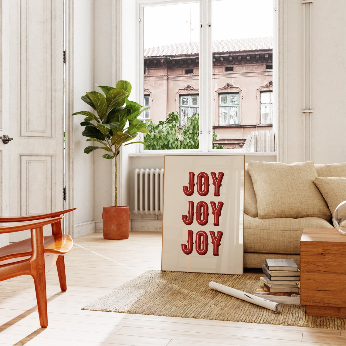 Joy Quote Red Western Typography Cream Christmas Holiday Poster - Image 2