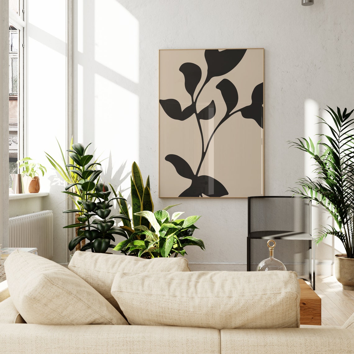 Black Leafy Branch Silhouette Beige Botanical Minimalist Art Poster - Image 2