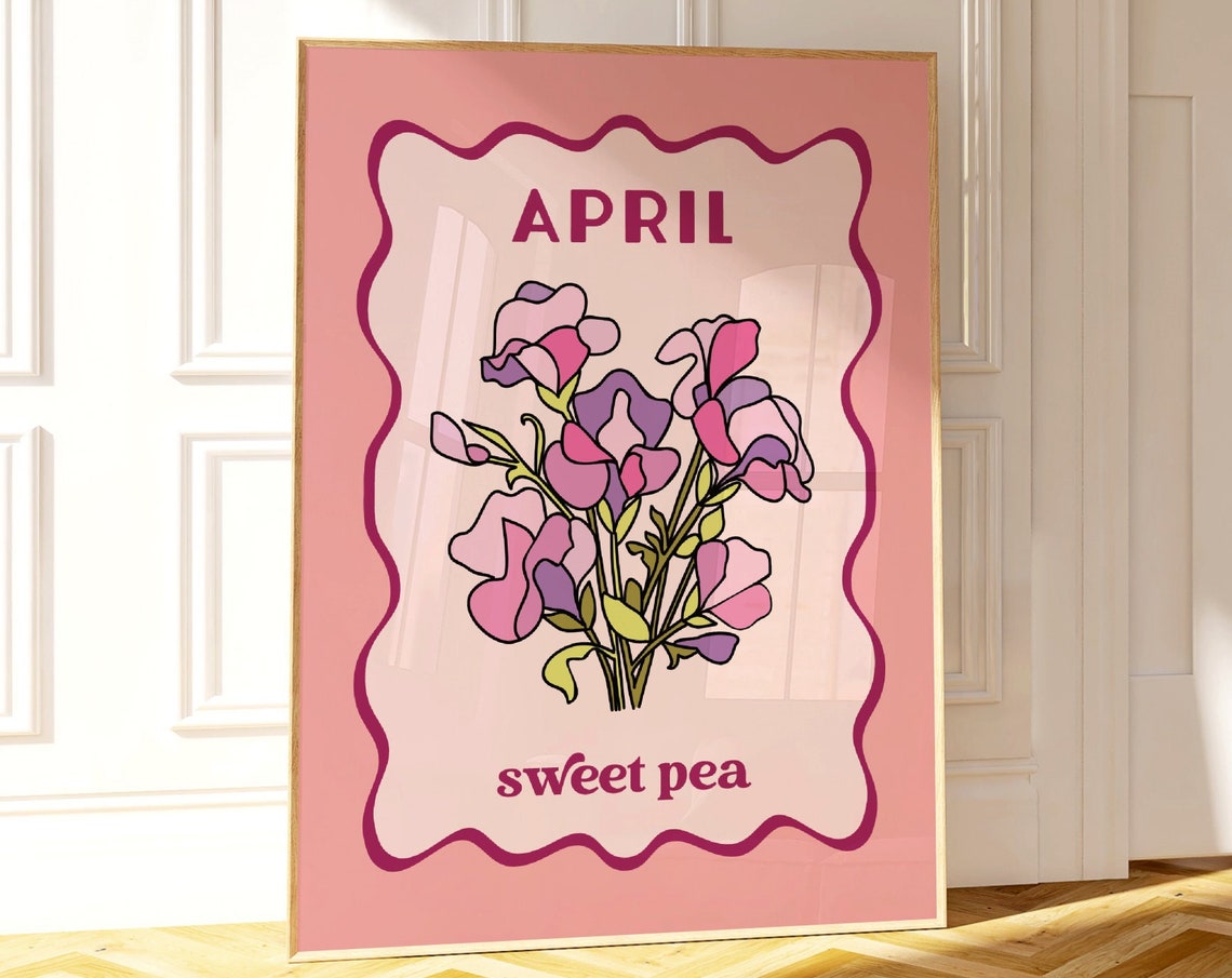 April Sweet Pea Birth Flower Pink Botanical Floral Wall Decor Poster