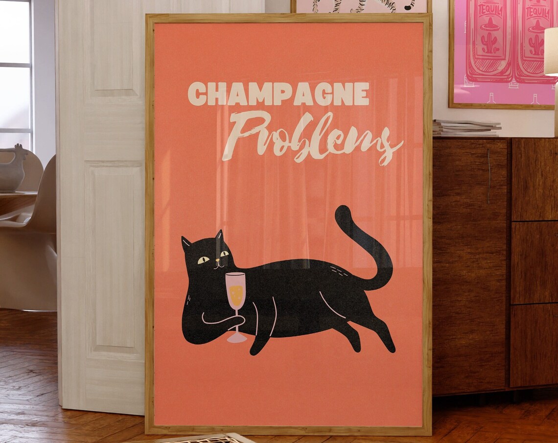 Champagne Problems Black Cat Relaxing Cocktail Funny Art Poster
