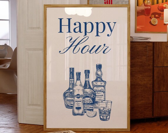 Navy Happy Hour Liquor Bottles Vintage Bar Cart Cocktail Poster