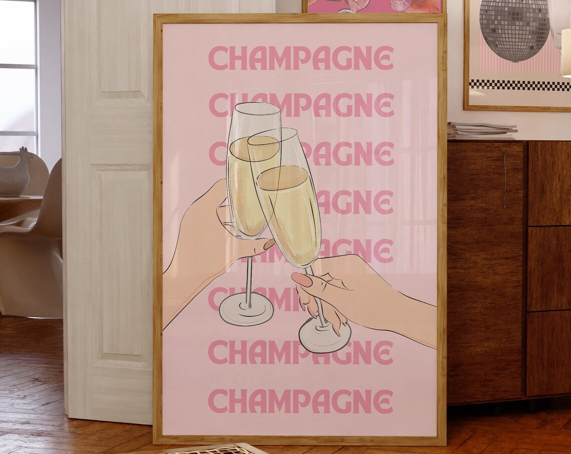 Pink Champagne Cheers Clinking Flutes Aesthetic Bar Art Poster