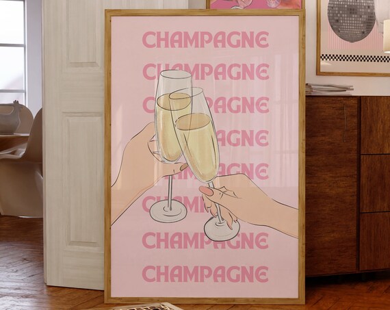 Pink Champagne Cheers Clinking Flutes Aesthetic Bar Art Poster