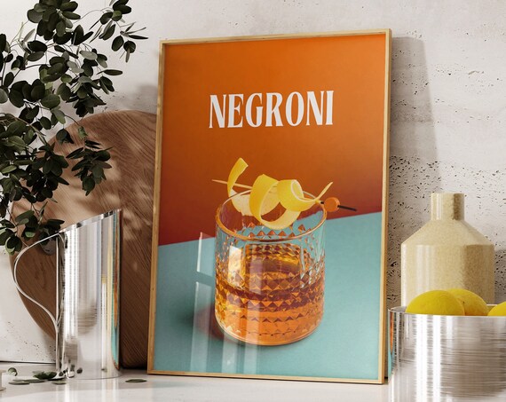 Negroni Cocktail with Lemon Twist Photography Retro Bar Art Print