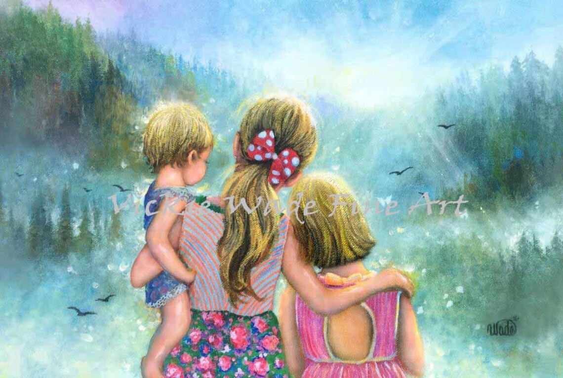 Three Sisters Gazing Together Over a Mountain Valley and Lake Poster