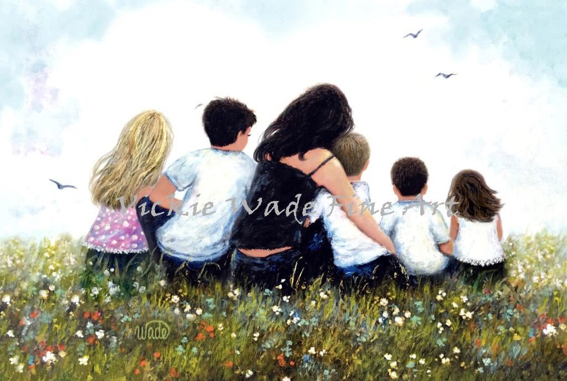 Mother With Five Children Sitting Together in a Meadow Poster