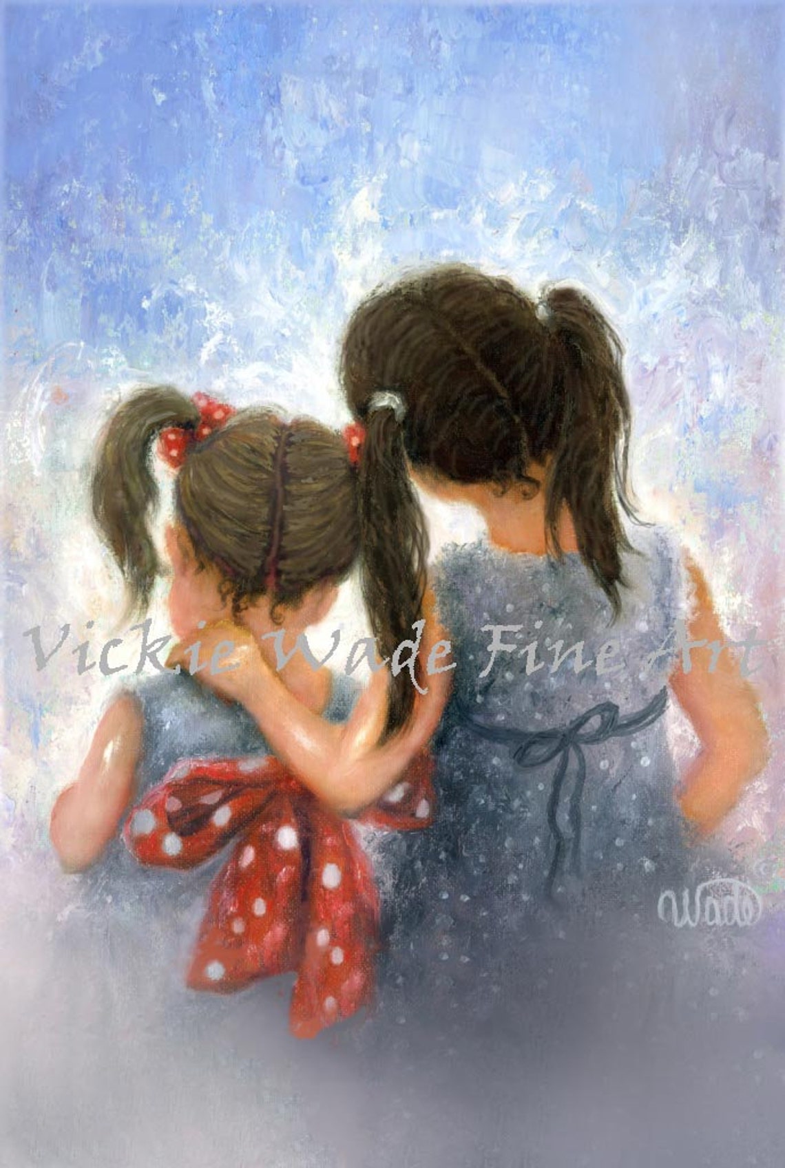 Two Sisters with Pigtails Hugging in Soft Blue Toned Art Poster