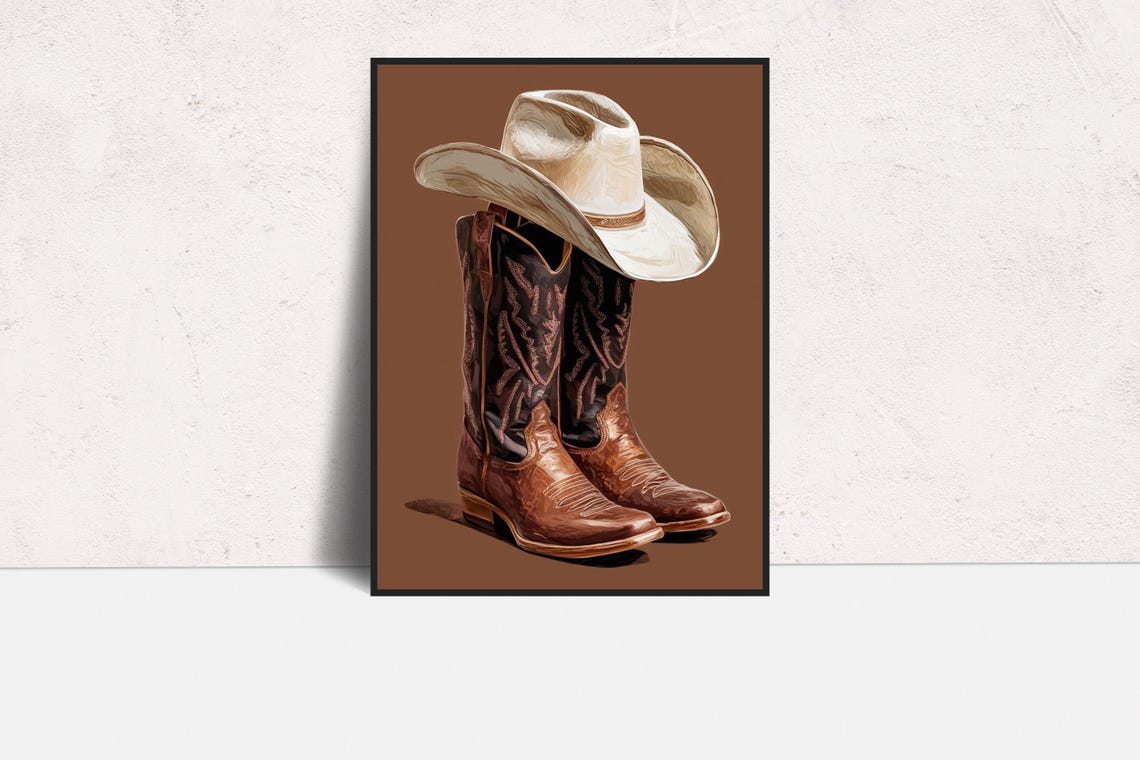 Cowboy Boots with Hat on Warm Brown Western Illustration Poster