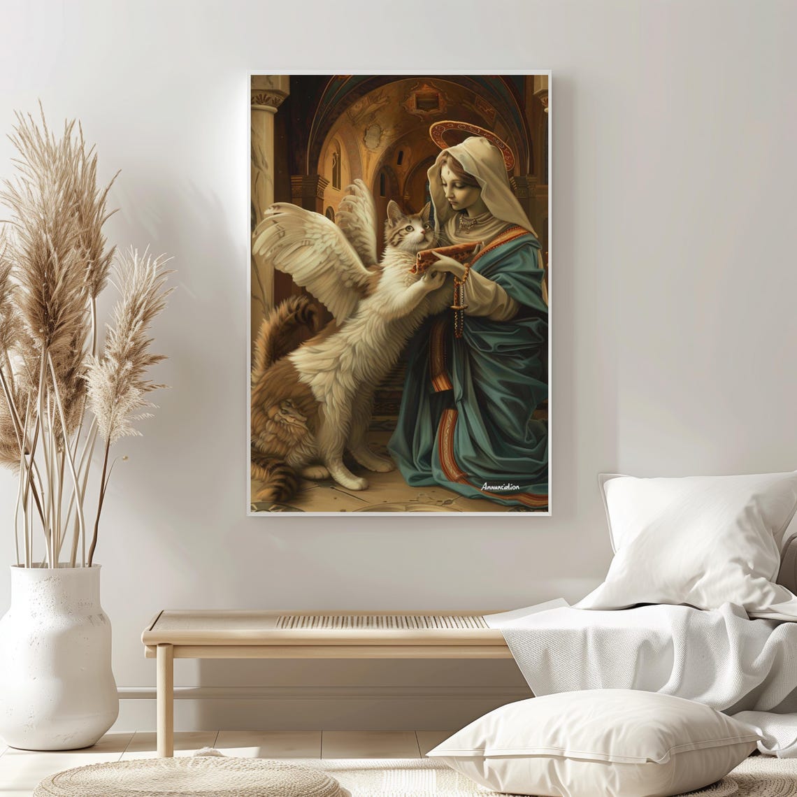 Whimsical Winged Cat Annunciation Sacred Christian Art Poster