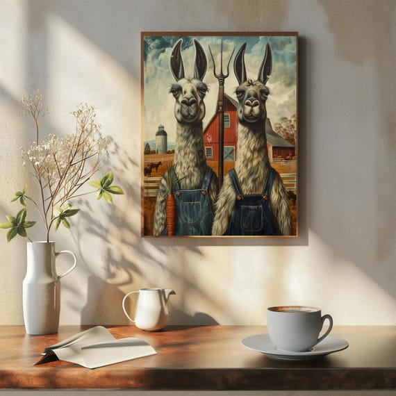 Llama Farm Matte Poster Gothic Parody Art Whimsical Vertical Print Rustic Home Decor Farmhouse Wall Funny Animals