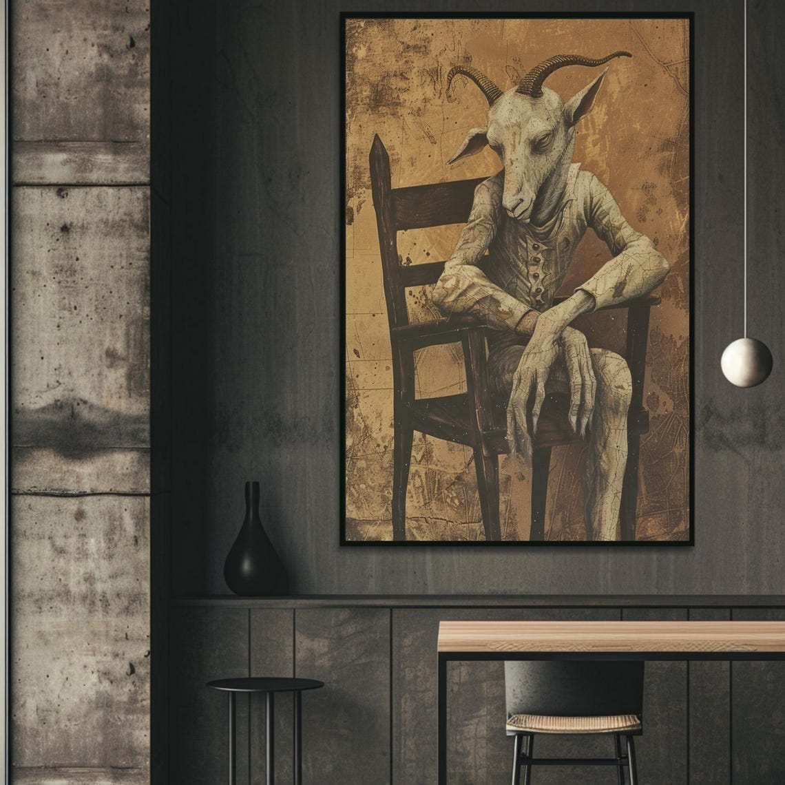 Dark Surreal Goat Figure Seated on a Wooden Chair Moody Art Poster