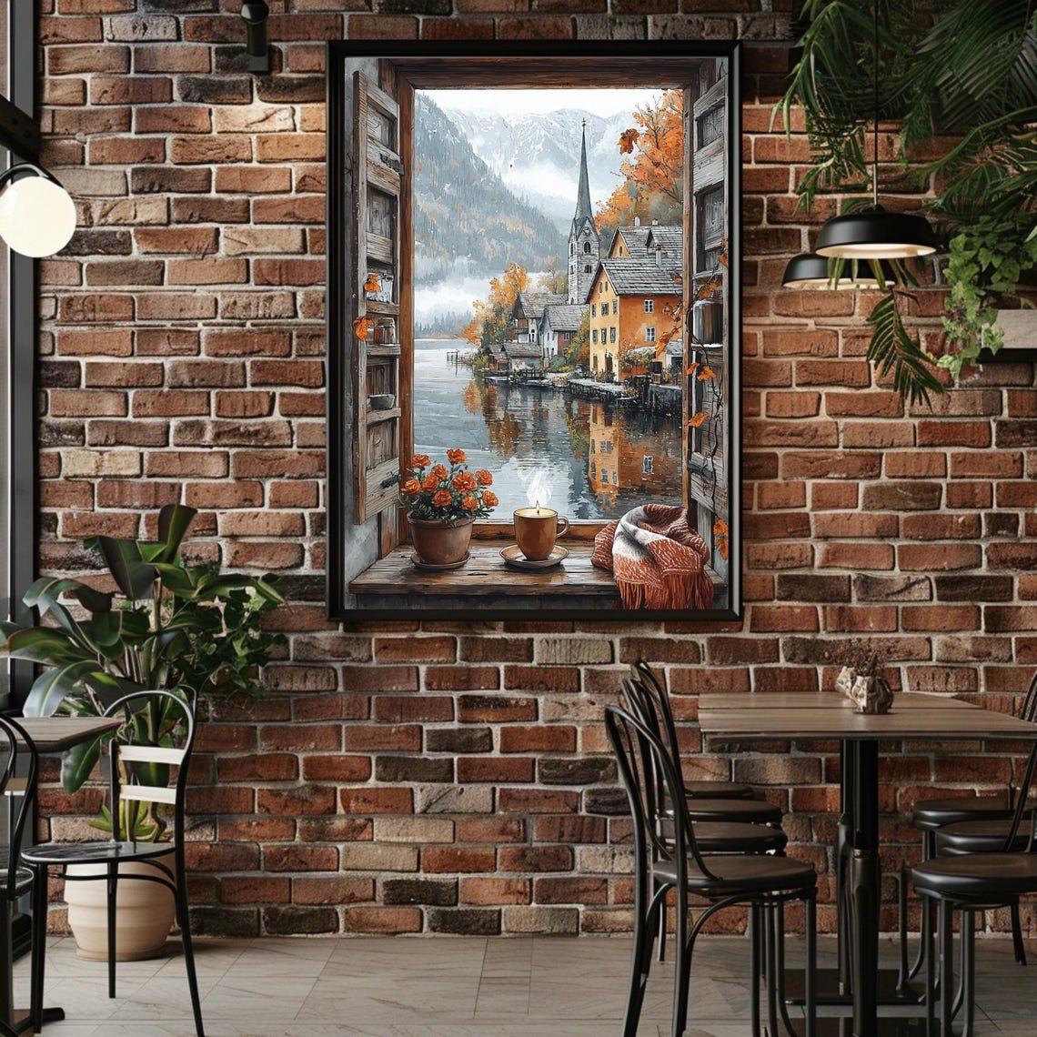Autumn Alpine Village View From Open Wooden Window Cozy Tea Poster