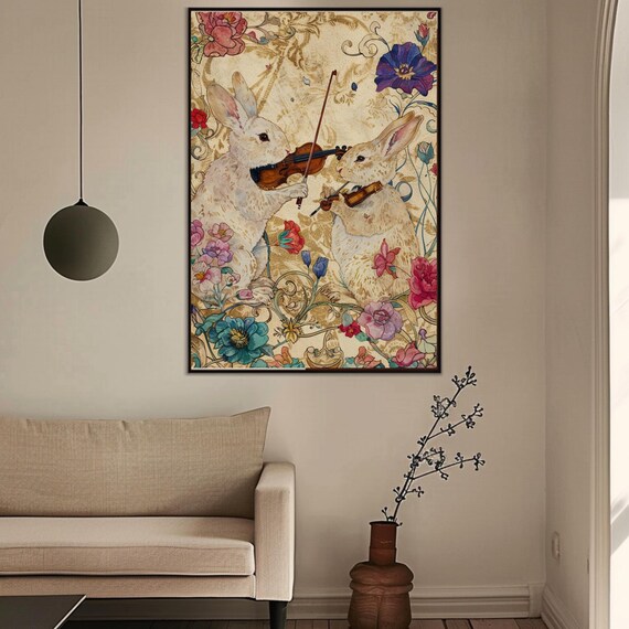Rabbits Playing Violins Floral Whimsical Fairytale Art Print