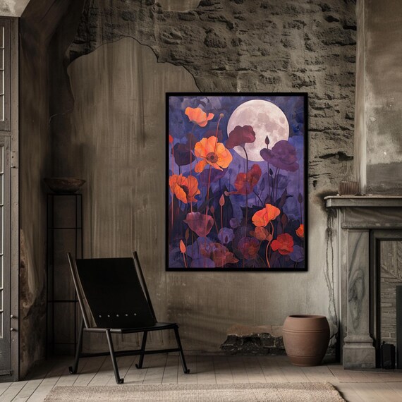 Orange Poppies and Purple Flowers Under a Full Moon Night Poster