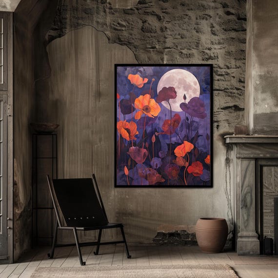 Vertical Poppy Moon Poster Print Floral Wall Art Decor Surreal Flower Painting Matte Large Home Office