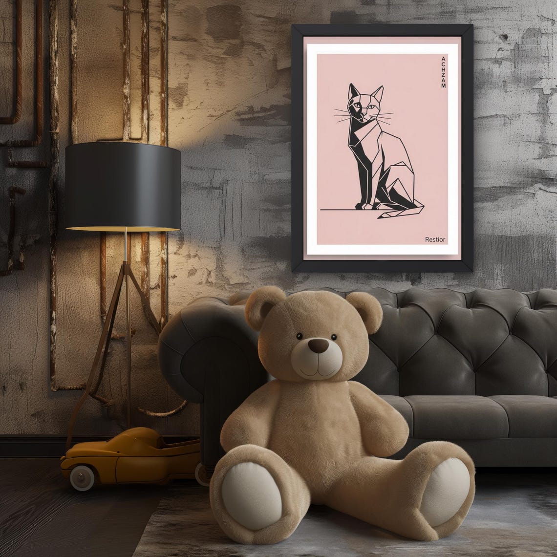 Geometric Black Cat Line Art Pink Background Modern Pet Wall Poster