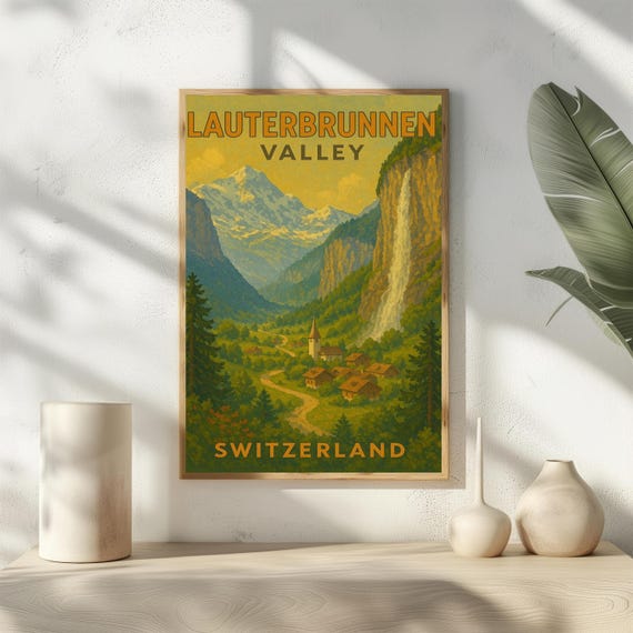 Lauterbrunnen Valley Travel Postervintage Switzerland Wall Artretro Alps Landscape Printmountain Village Illustrationnature Decor