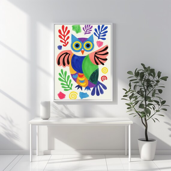 Colorful Abstract Owl Matisse Style Playful Boho Animal Wall Art