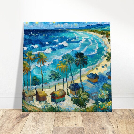 Tropical Bay Palm Trees Thatched Huts Shoreline Van Gogh Art Poster