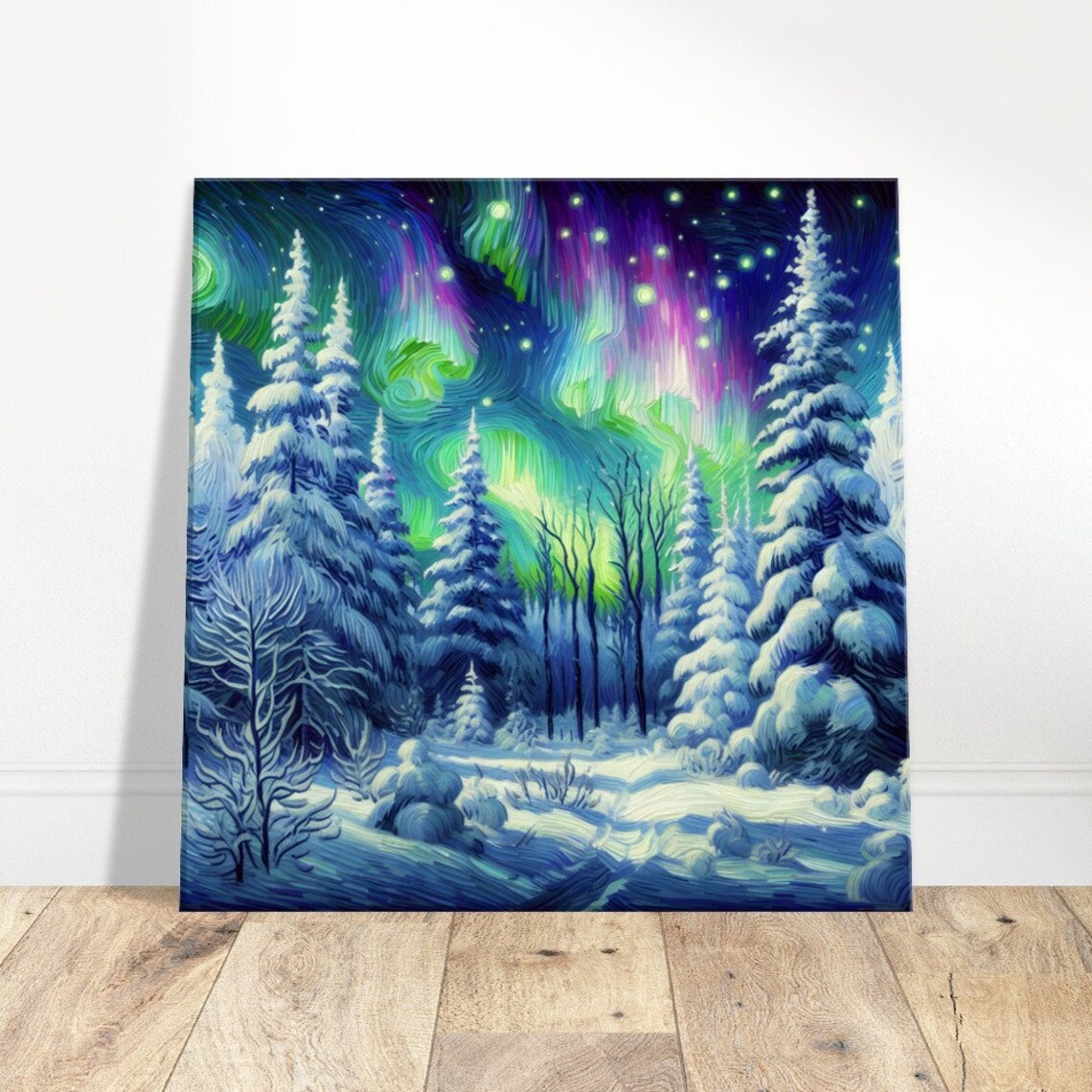 Aurora Borealis Snowy Pine Forest Night Sky Oil Painting Poster - Image 3