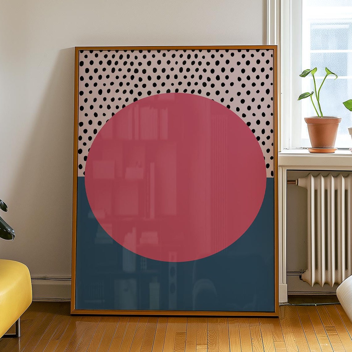Fun Big Pink Sun Polka Dot Navy Base Modern Abstract Art Poster - Image 4