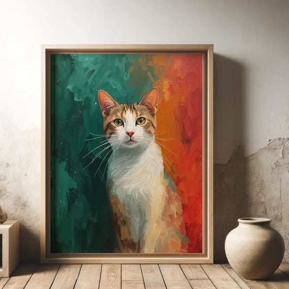 Orange And White Cat Wall Art Colorful Portrait Modern Pet Painting Decor