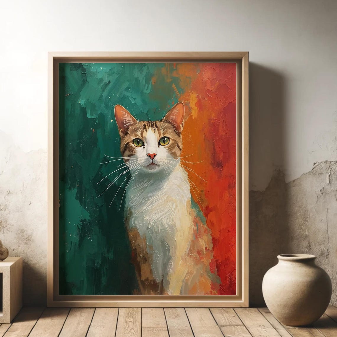 Orange And White Cat Wall Art Colorful Portrait Modern Pet Painting Decor