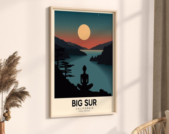Big Sur California Retro Yoga Retreat Travel Poster Moon Art