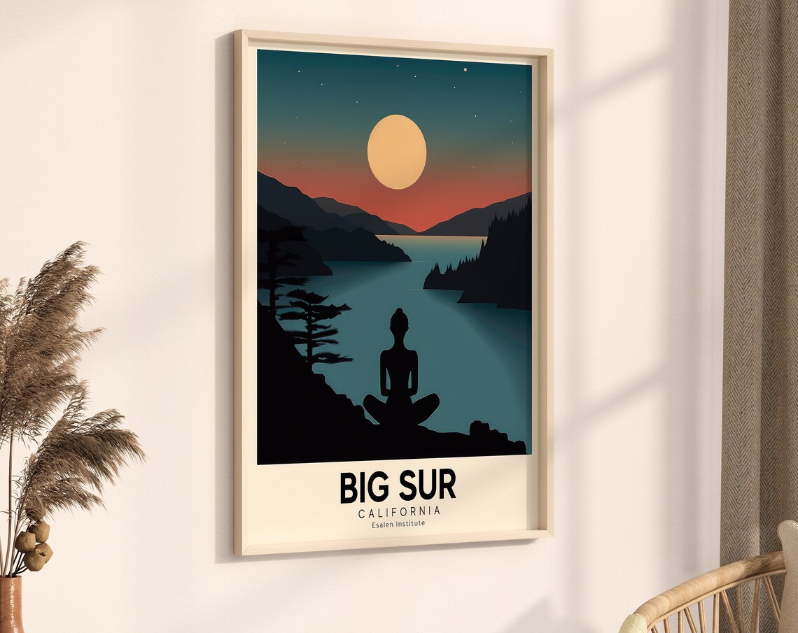 Big Sur California Retro Yoga Retreat Travel Poster Moon Art