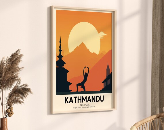 Kathmandu Nepal Retro Yoga Retreat Travel Poster Mountain Art