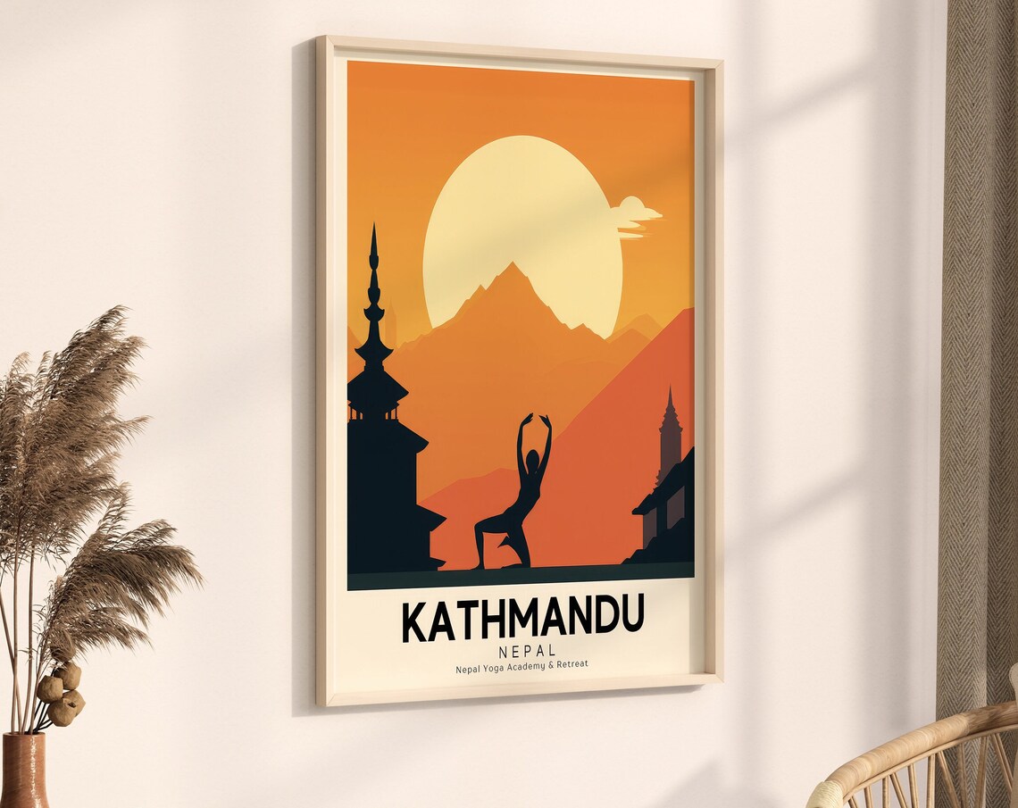 Kathmandu Nepal Retro Yoga Retreat Travel Poster Mountain Art
